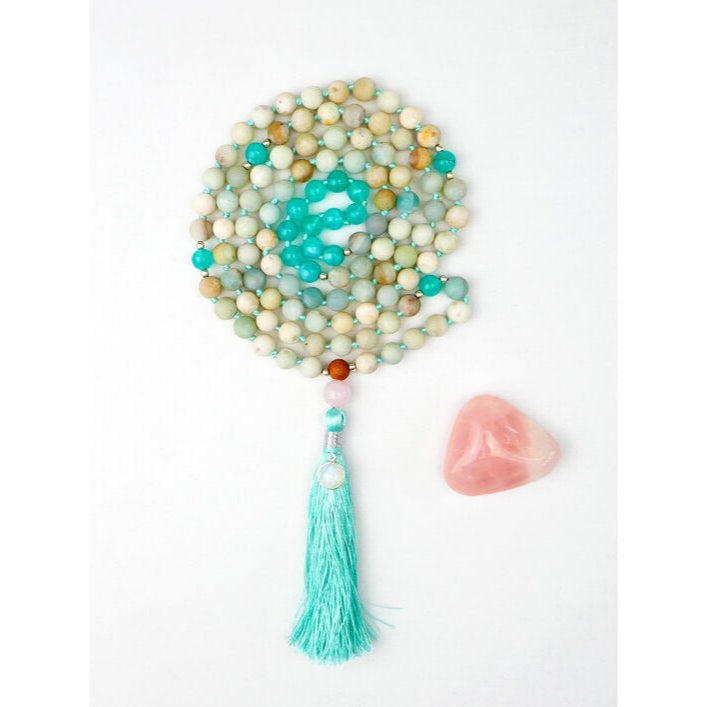 Eros Mala Necklace with Rose Quartz, Amazonite and Rainbow Moonstone