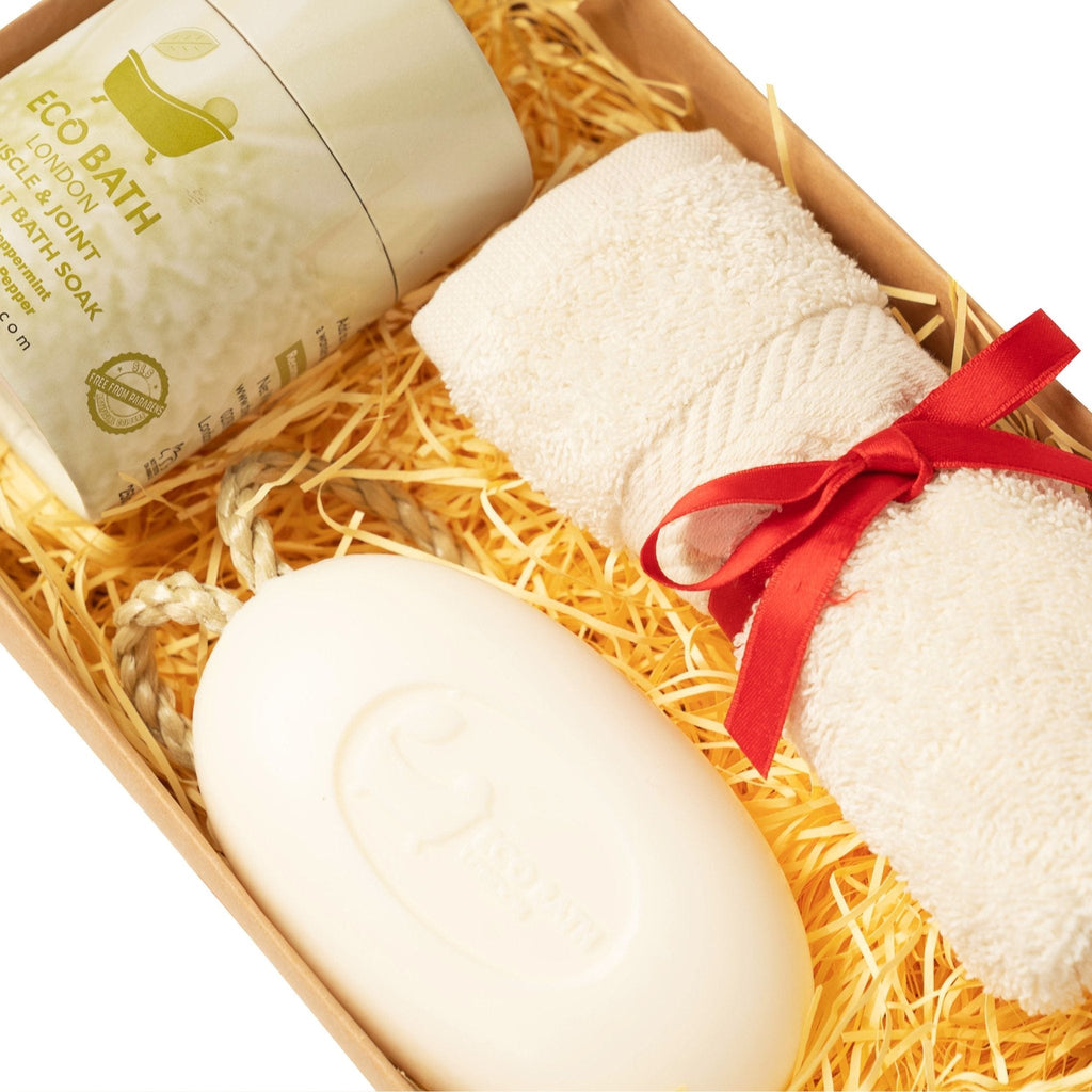 Essential Bath Set with Epsom Salts, Donkey Milk Soap and Organic Cotton Towel
