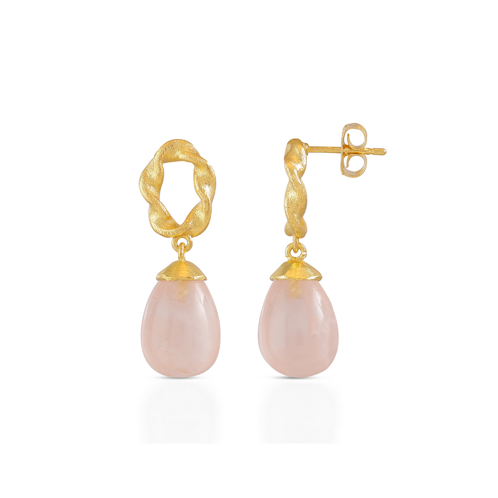 Twisted Loop Rose Quartz Earrings in Gold
