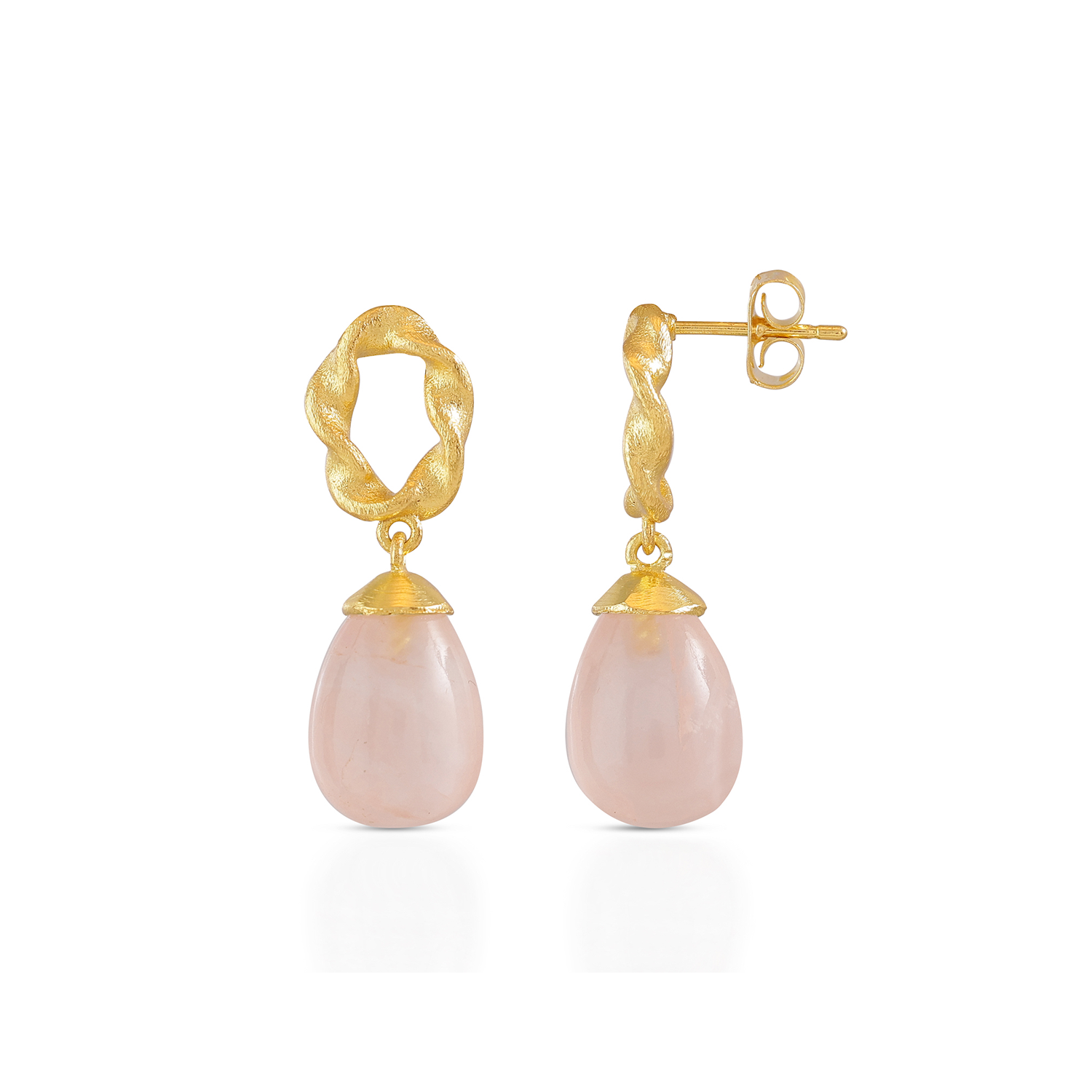 Twisted Loop Rose Quartz Earrings in Gold