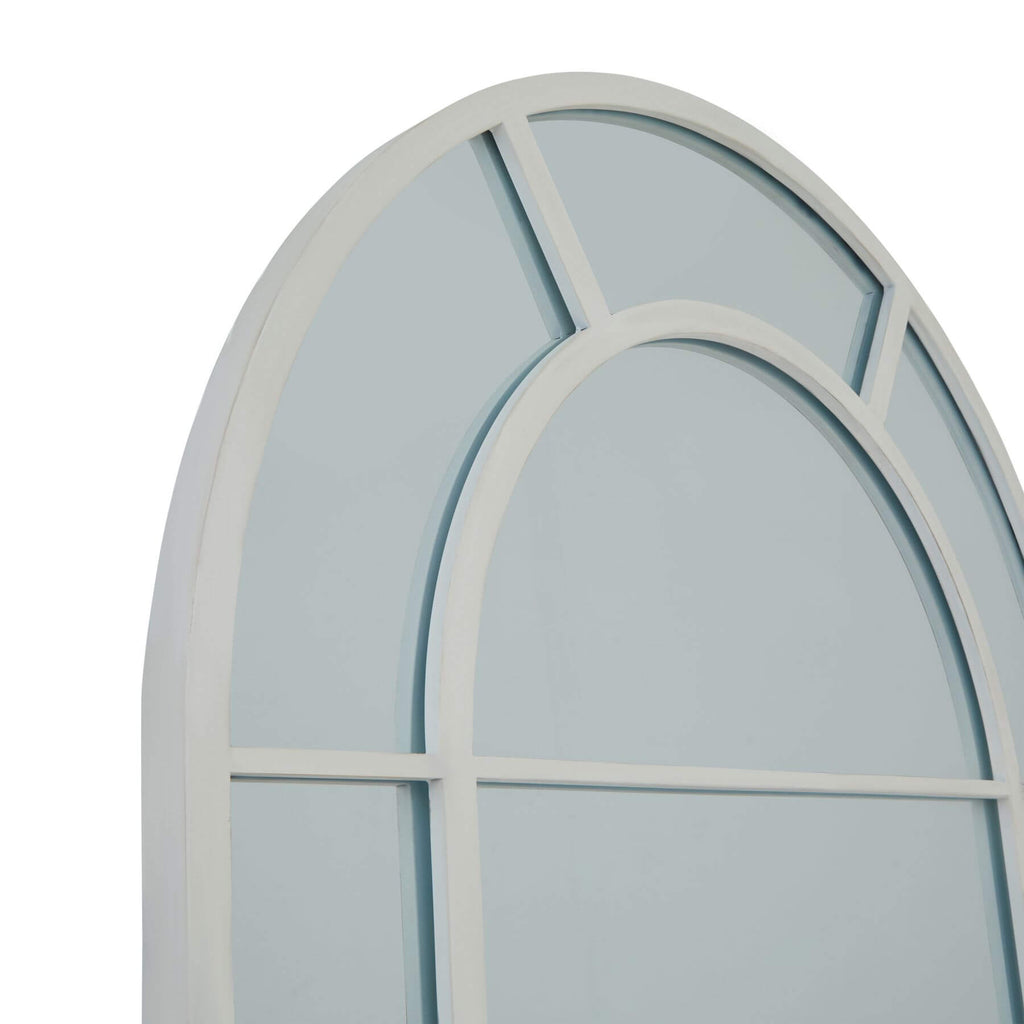 White arched window mirror with Gothic-inspired detailing, elegant wood frame, and clean lines for modern or traditional decor. by sostter at brixbailey.com