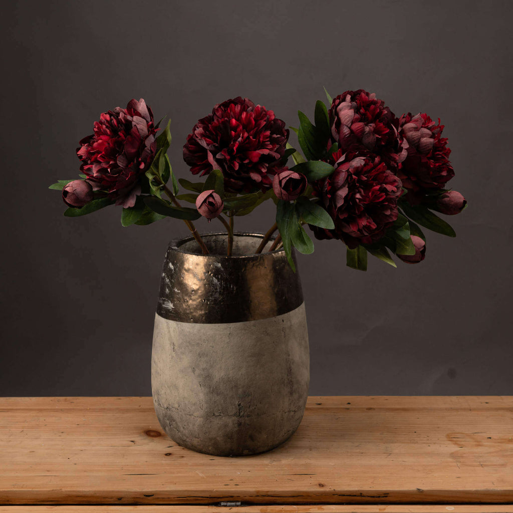 Burgundy faux peony stem with realistic petals and bud, perfect for floral arrangements or wedding decor. by sostter at brixbailey.com