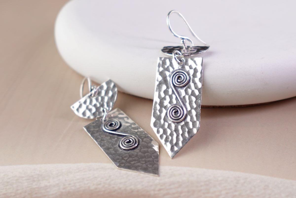 Hammered Shield Drop Earrings in Rustic Brass with Spiral Wire