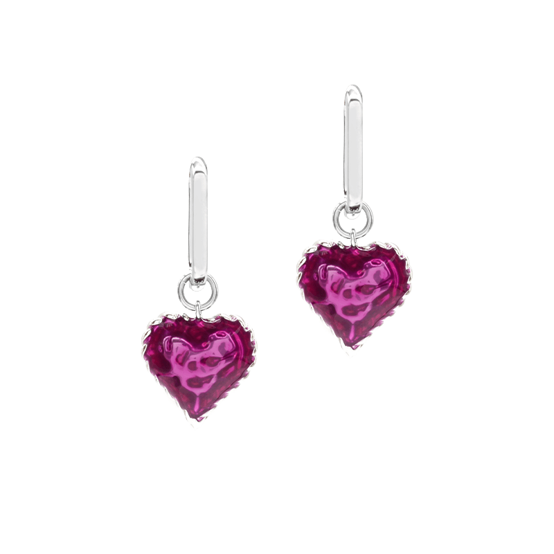 Love Heart Enameled Drop Dangling Earring in Silver and Violet