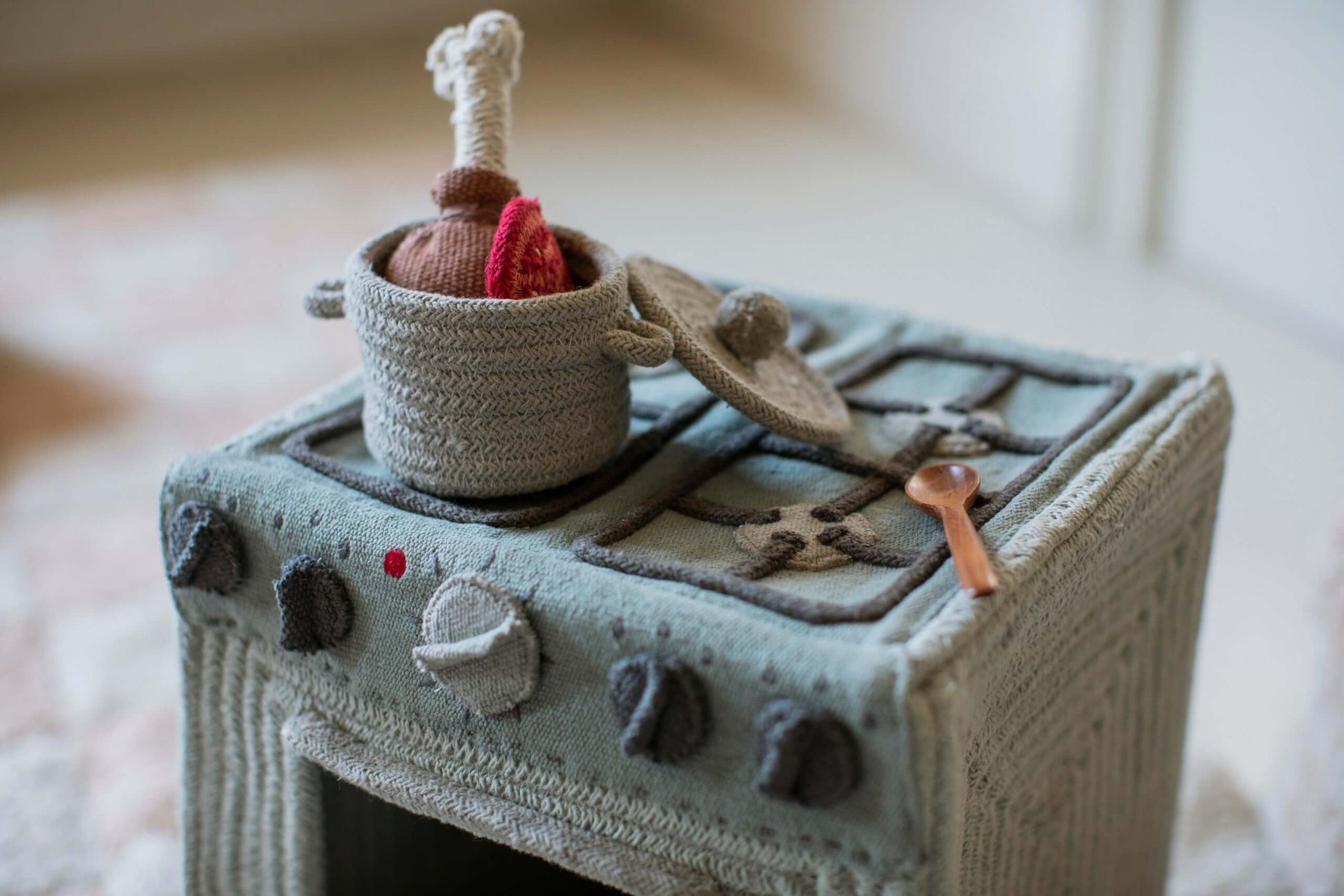 Handmade Textile Toy Stove & Storage Basket - Vintage & Eco-Friendly Montessori Play Kitchen by Lorena Canals at www.brixbailey.com