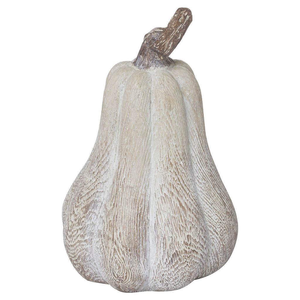Handcrafted wood-effect resin pumpkin with whitewashed finish, bronze leaf accents, and wooden stalk for autumn decor by RoomLondon at brixbailey.com