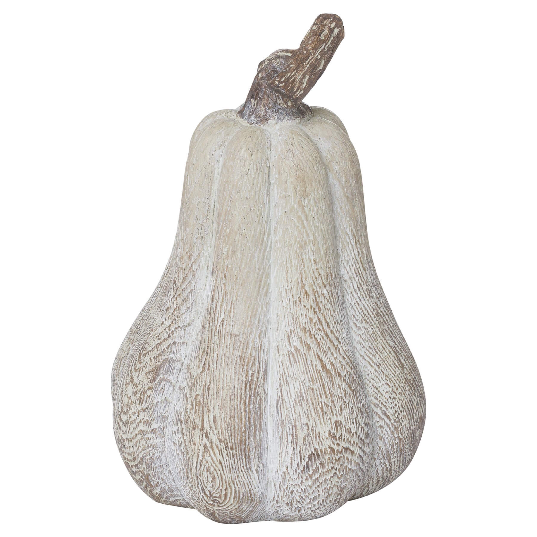 Handcrafted wood-effect resin pumpkin with whitewashed finish, bronze leaf accents, and wooden stalk for autumn decor by RoomLondon at brixbailey.com