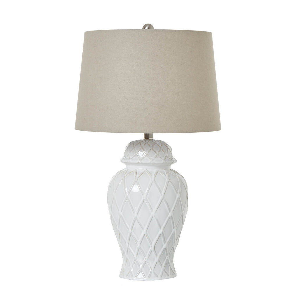 White ceramic ginger jar lamp with diamond detailing and linen shade, elegant home decor lighting by Sostter at brixbailey.com