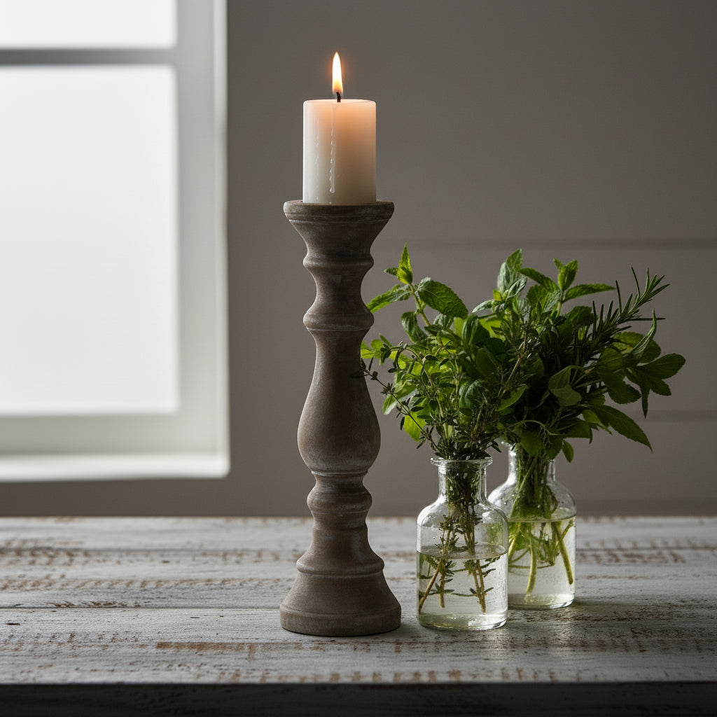 Sculpted brown ceramic column candle holder with clean lines, 40cm tall, ideal for modern or traditional interiors.by sostter at brixbailey.com