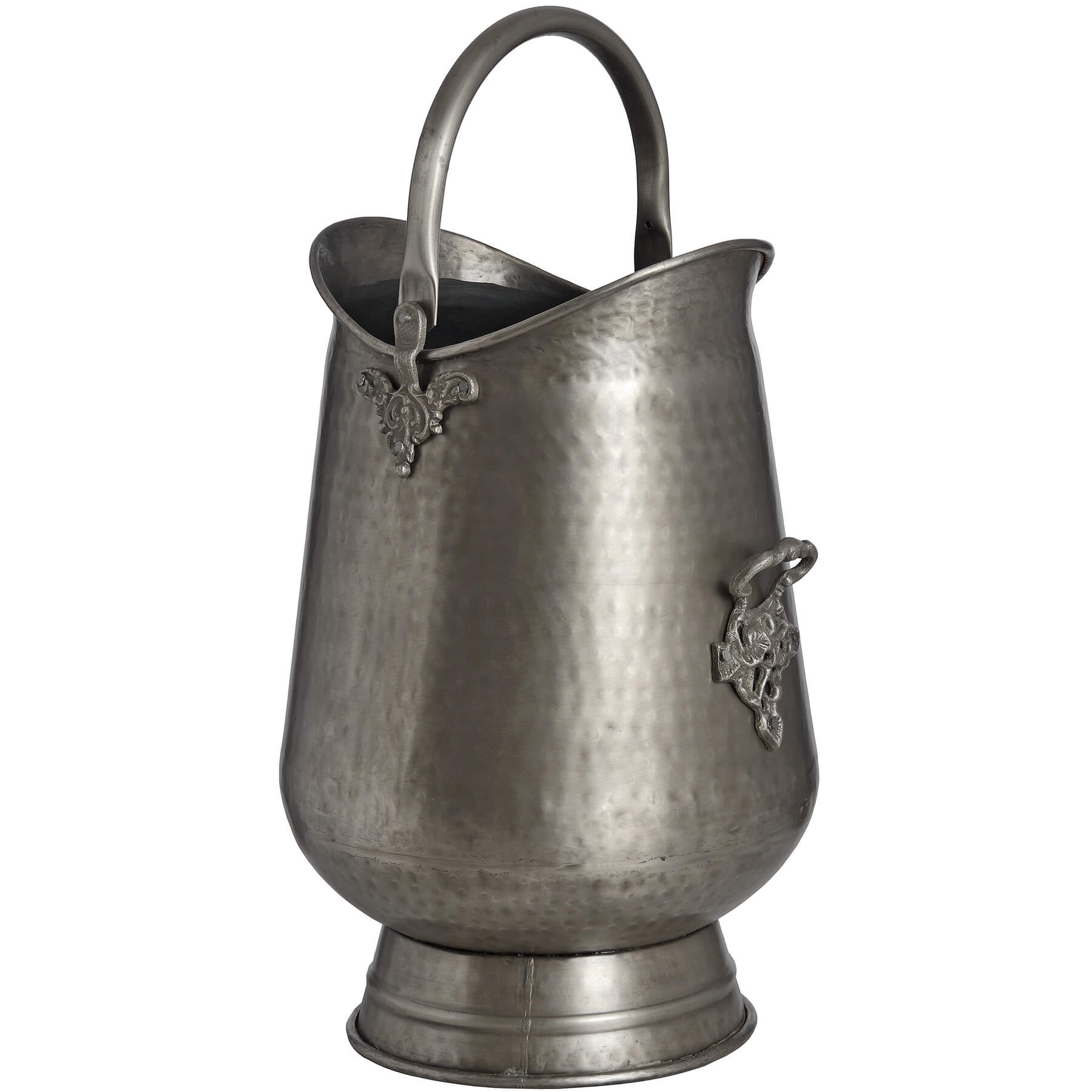 Antique pewter coal bucket with gunmetal finish, intricate leaf motifs, perfect as firewood holder or decorative planter by sostter at brixbailey.com