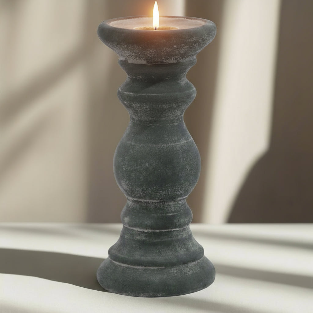 Grey ceramic column candle holder with matte finish, 20cm height, minimalist modern design for tabletop decor by sostter at brixbailey.com