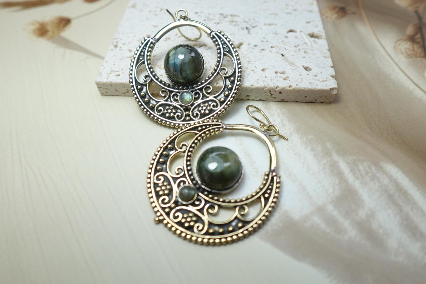 Crescent Filigree Hoop Earrings with Natural Stone