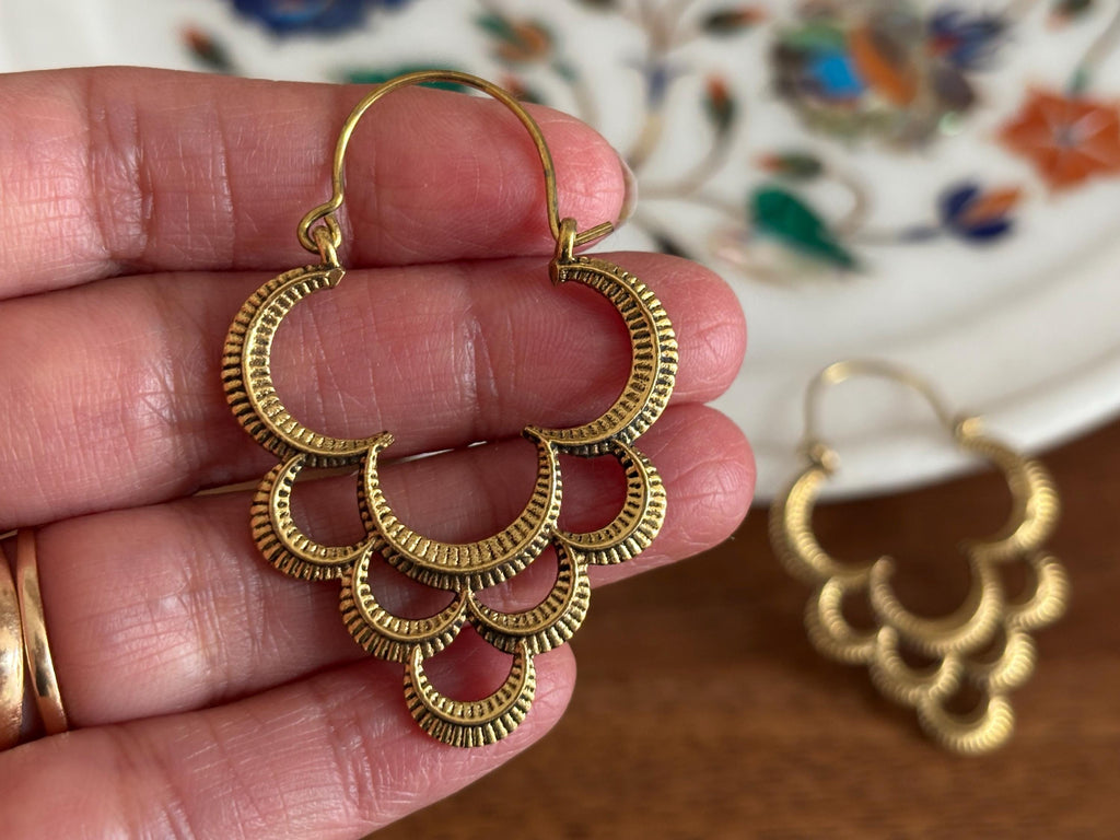 Antique Gold Crescent Layered Hoops Boho Earrings