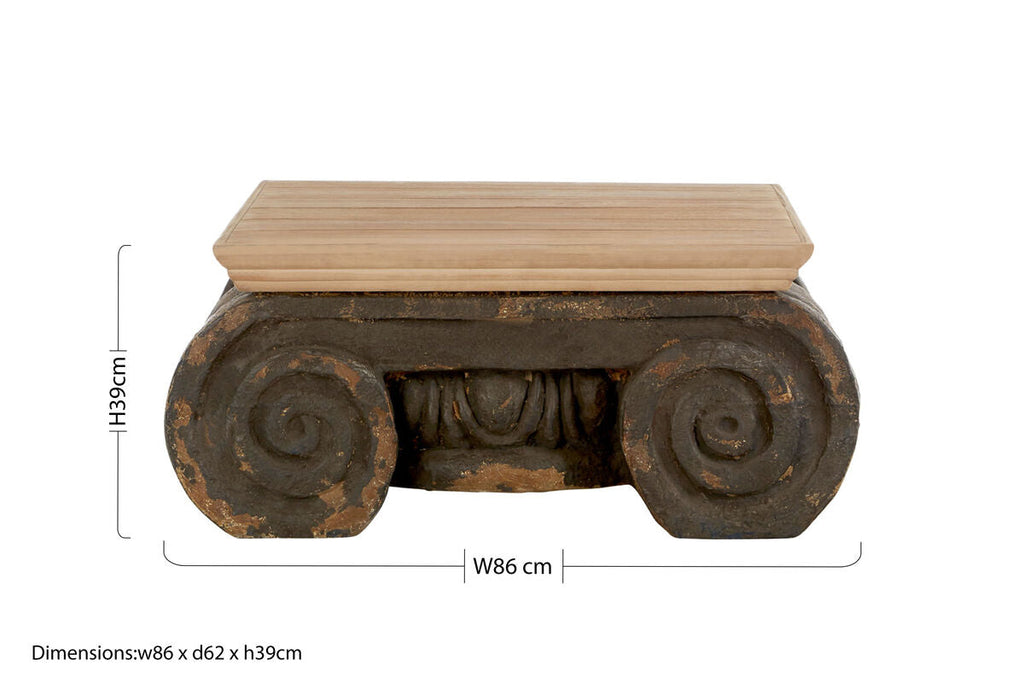 Natural Wood Coffee Table with Distressed Charcoal Grey Ornate Base