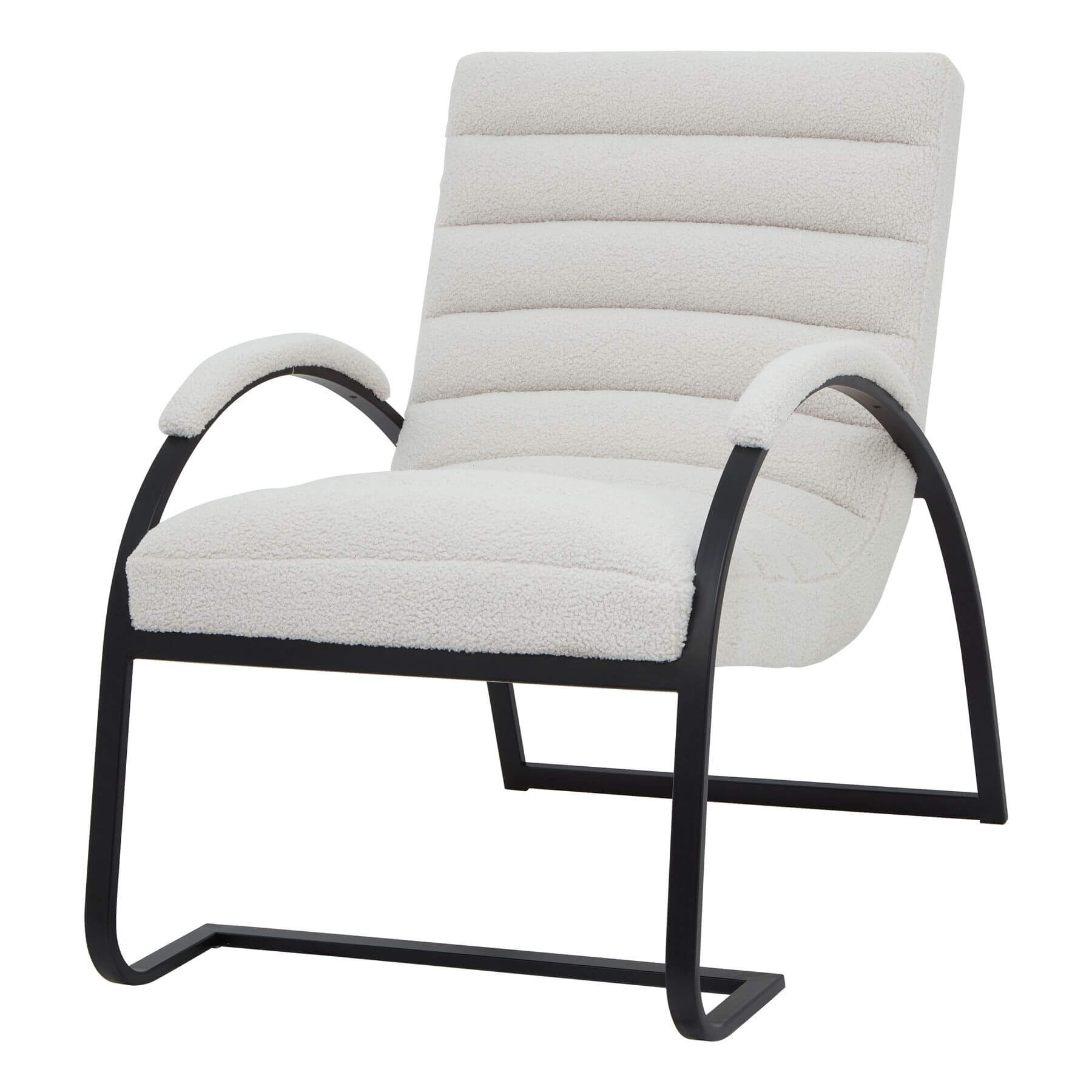 Cream boucle ribbed ark chair with curved black metal frame and channeled upholstery - modern sculptural accent piece by sostter at brixbailey.com