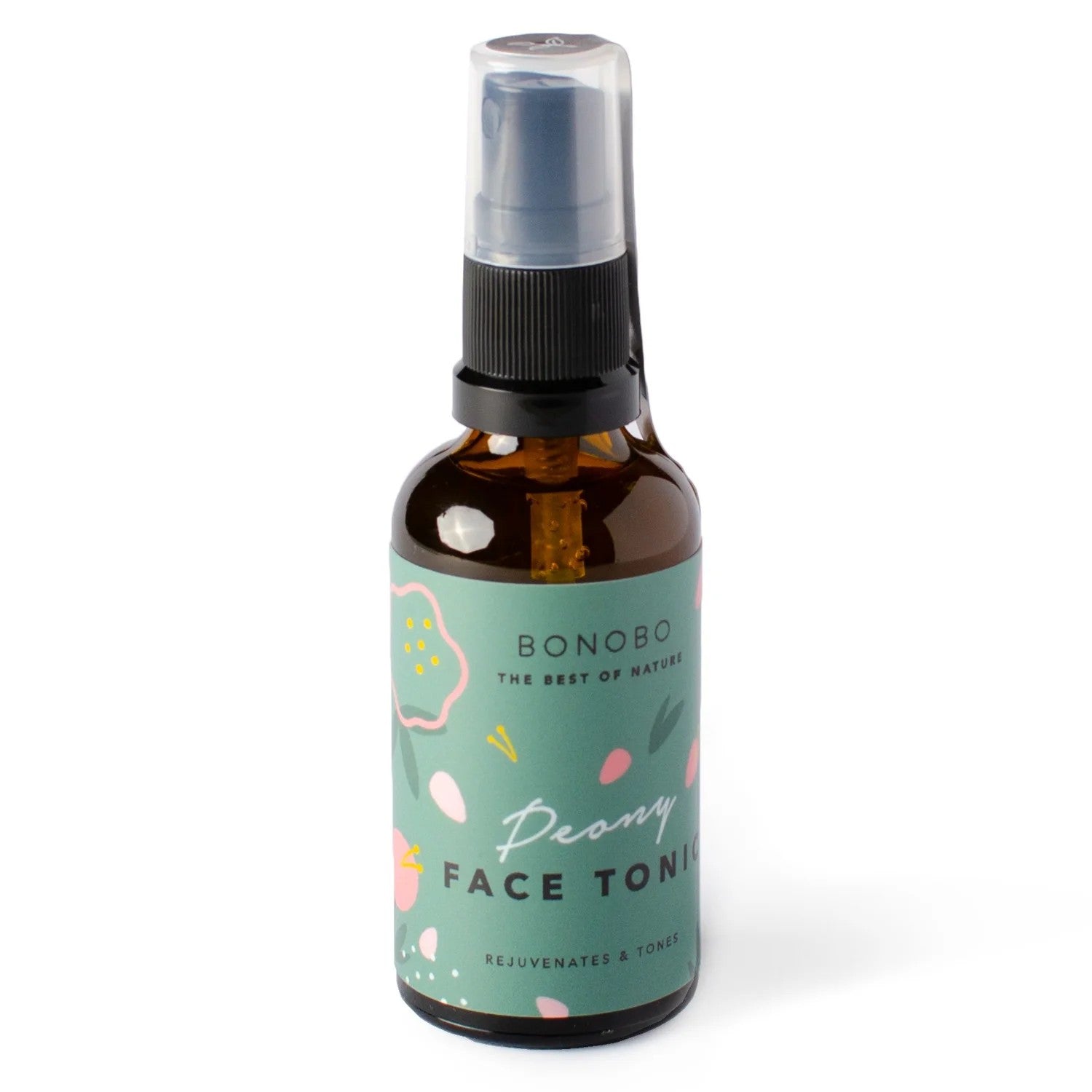 a bold close-up of peony infused face tonic 50ml bottle with dramatic lighting