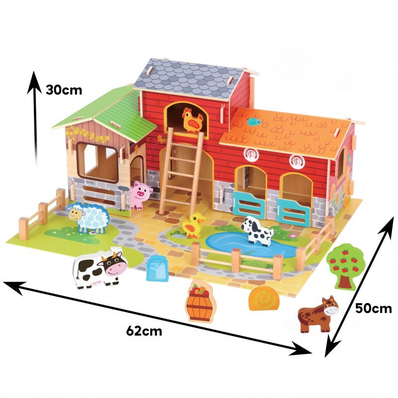 a soft-focus close-up of the woopie green farm set's cozy wooden barn and friendly animal figurines
