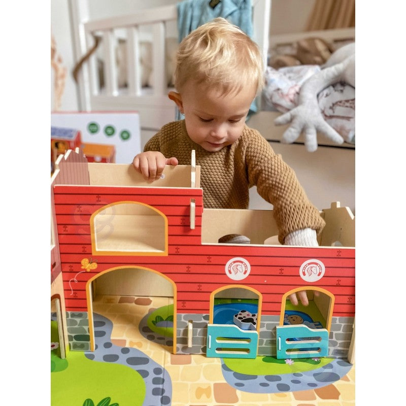 functional woopie green mega farm set layout showing all 18 wooden pieces neatly arranged