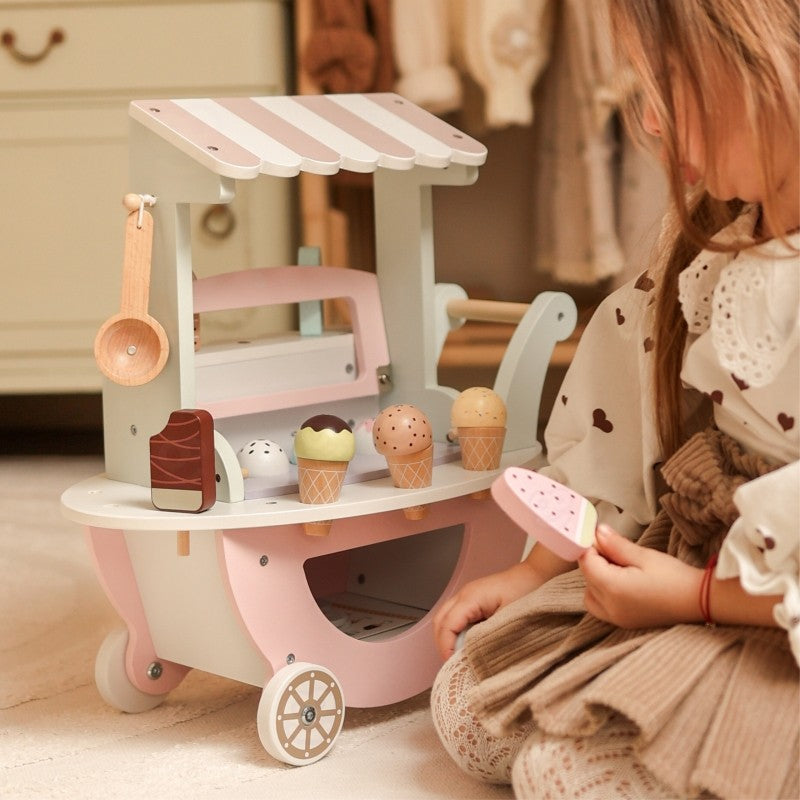 elegant woopie green ice cream cart with pastel scoops and cones, a refined wooden toy for imaginative play