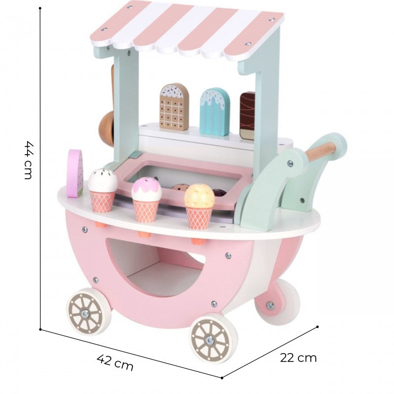 sustainable wooden ice cream cart with pastel scoops and cones on display