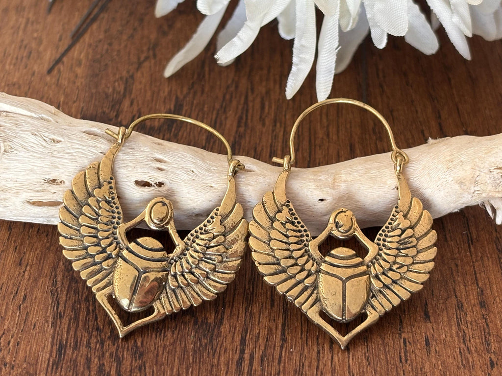 Scarab Wings Hoops Egyptian Inspired Double Sided Brass Beetle Earrings