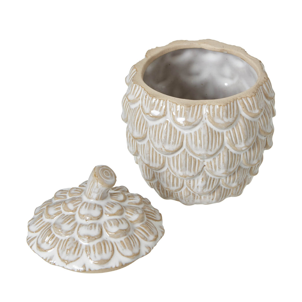 Handcrafted white ceramic pine cone trinket dish with removable lid, perfect for jewelry or decor. by RoomLondon at brixbailey.com