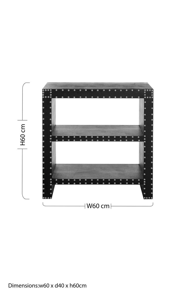 Black Wood Side Table with 2 Shelves and Leather Effect Trim