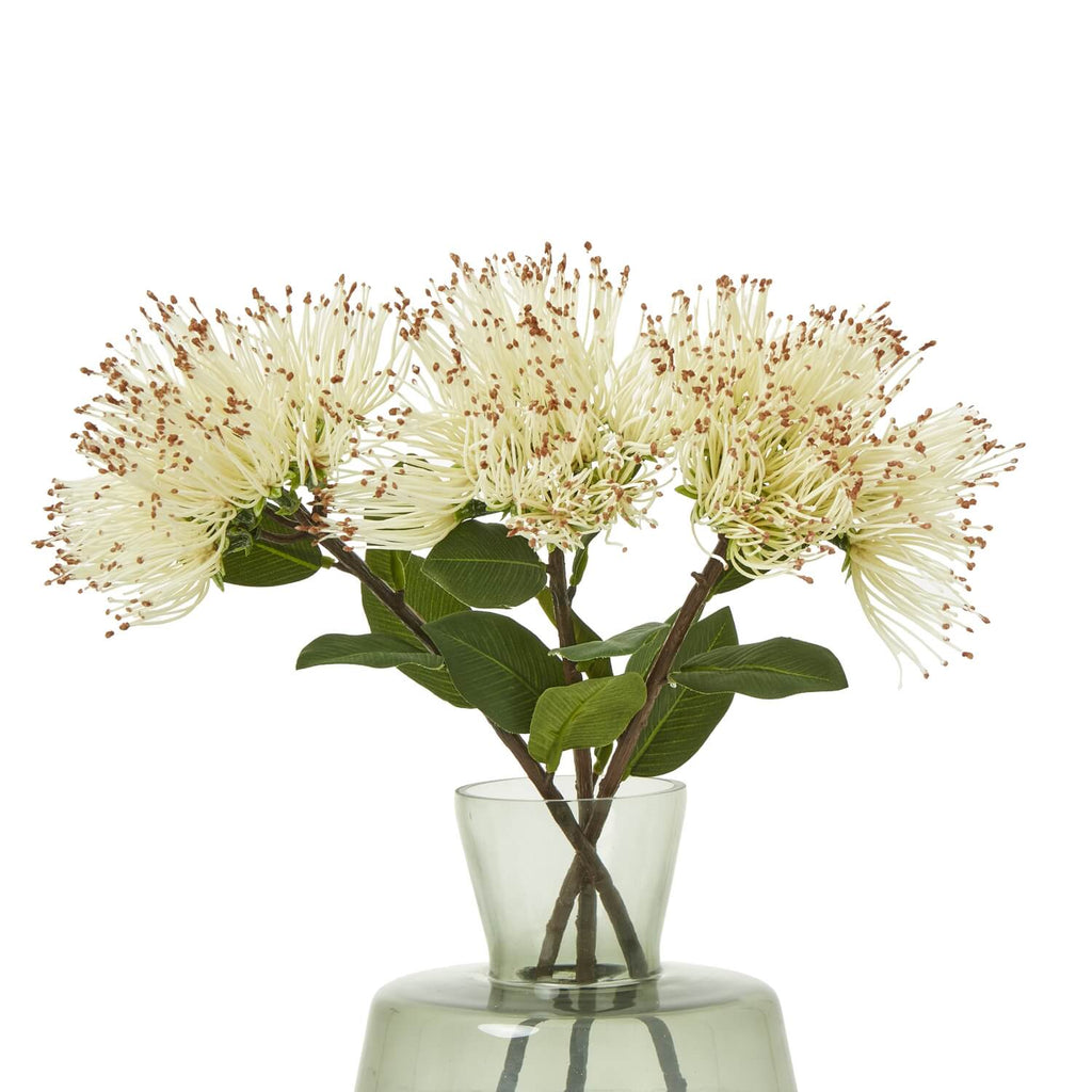 Creamy-white Protea Nitida stem with lush green leaves, 45cm artificial floral decor for elegant home styling by Sostter at brixbailey.com