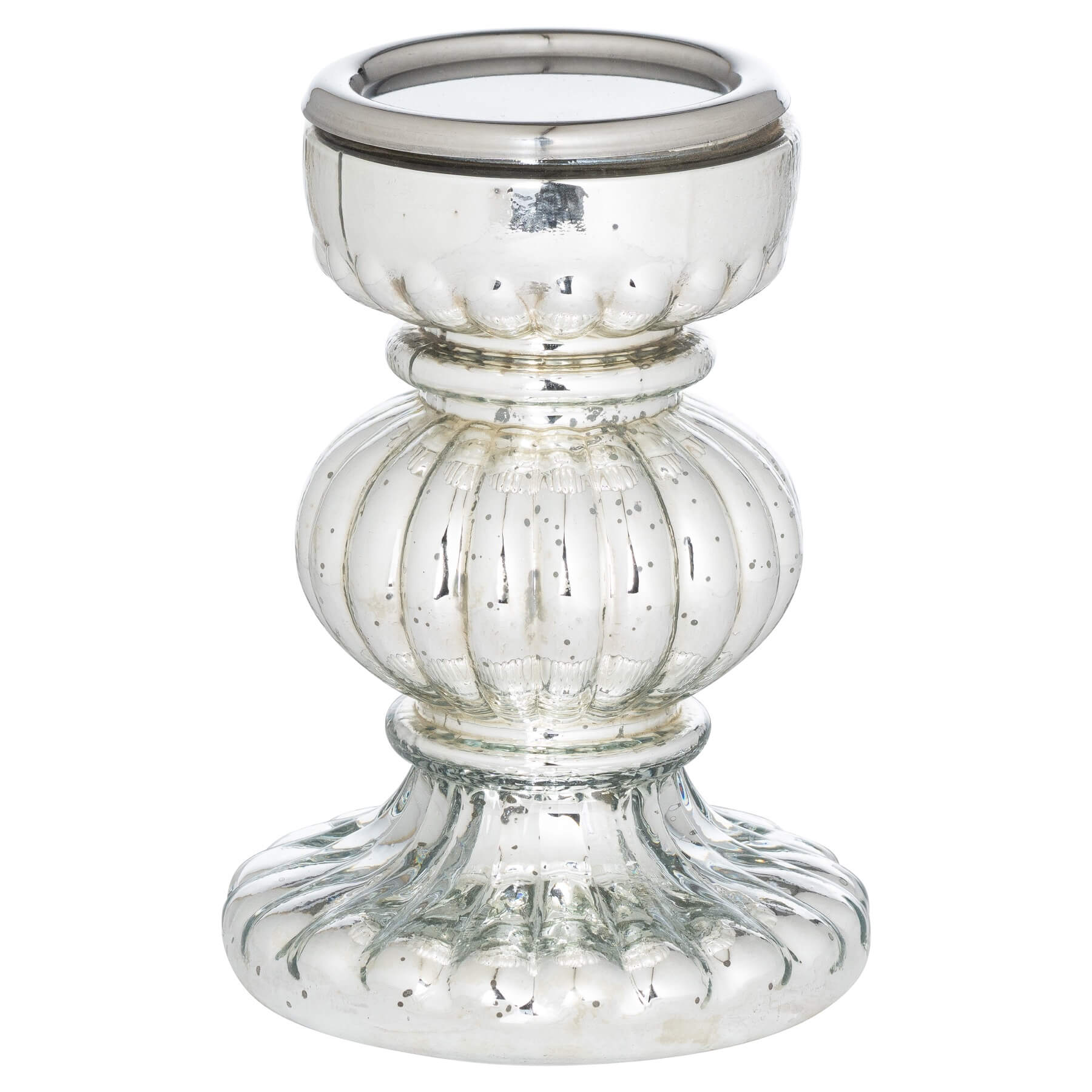 Silver mercury glass bonbon candle holder with ribbed design, vintage glamour, 26cm height, perfect for centerpieces.by RoomLondon at brixbailey.com