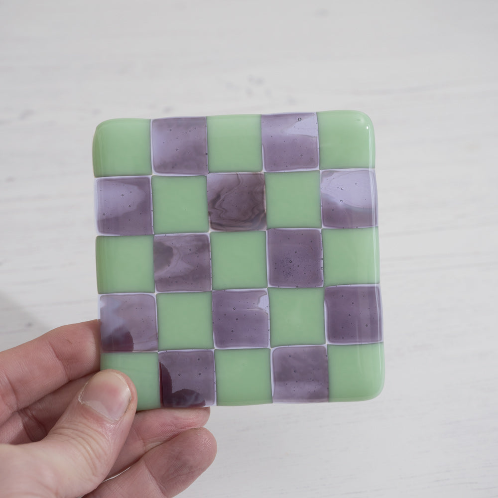Mint Green and Lavender Chequered Glass Coaster with Amethyst Accents