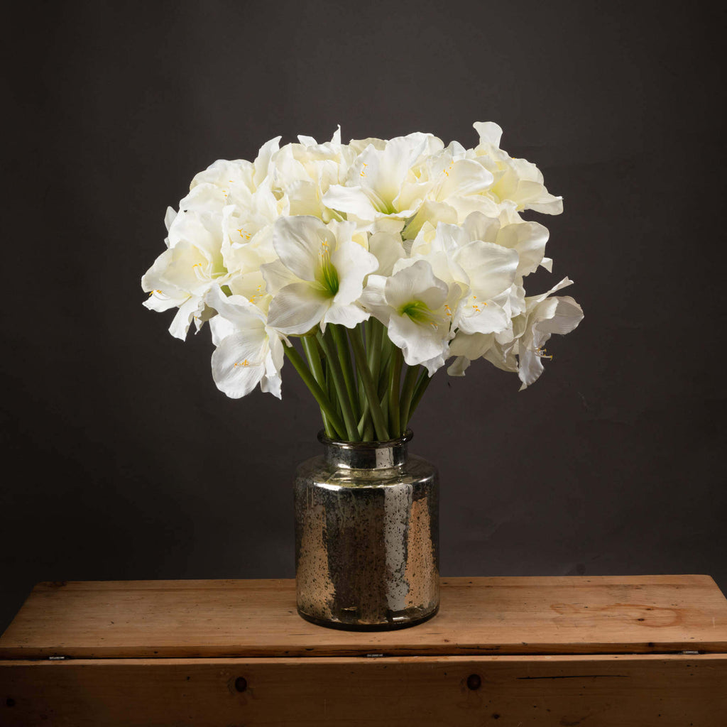 Lifelike white artificial amaryllis arrangement with 2 blooms and 1 bud, 81cm tall, perfect for tabletops or mantels. by sostter at brixbailey.com