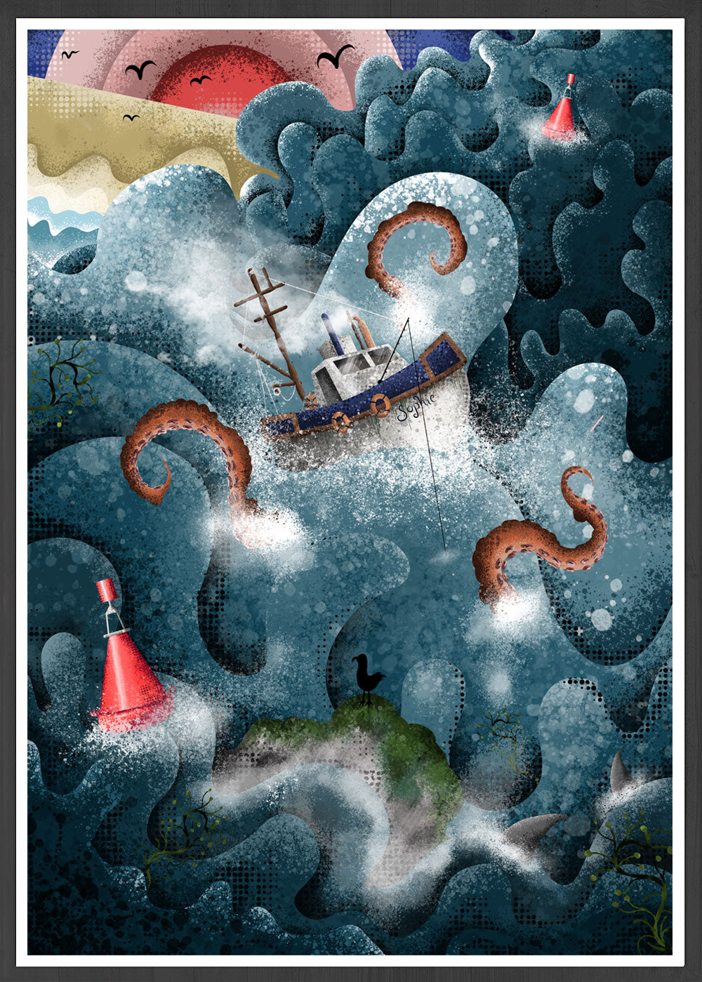 Fishing Boat and Octopus Illustration Print