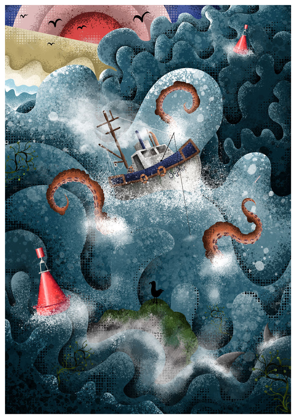 Fishing Boat and Octopus Illustration Print