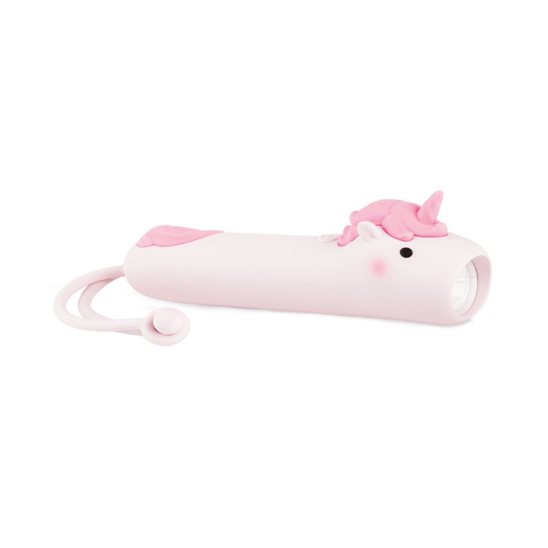 soft silicone unicorn flashlight for kids casting a warm pink glow in a cozy bedroom