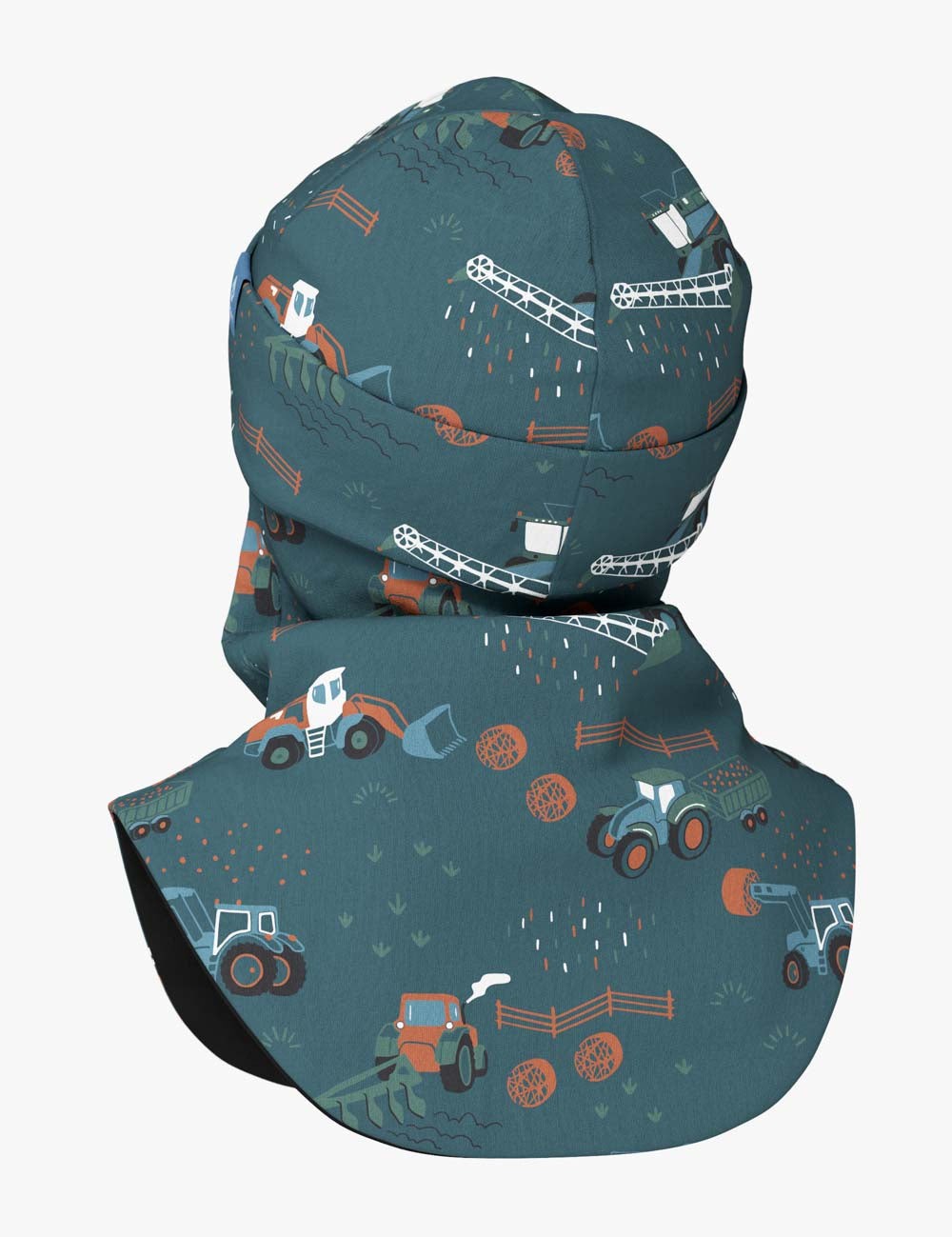 bold close-up of a kids fleece balaclava with a vibrant tractor print on soft cotton