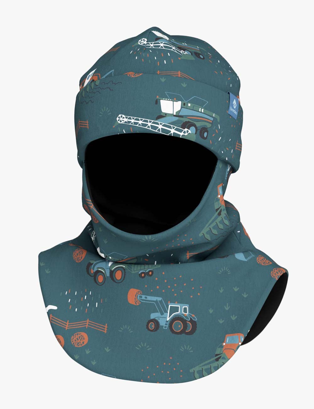 a child laughing in a cozy fleece balaclava with a fun tractor pattern, ready for snowy adventures