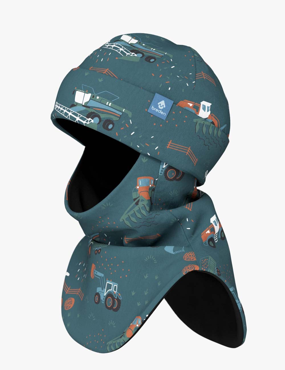 a child's cozy fleece balaclava with a soft tractor design, shown in gentle morning light