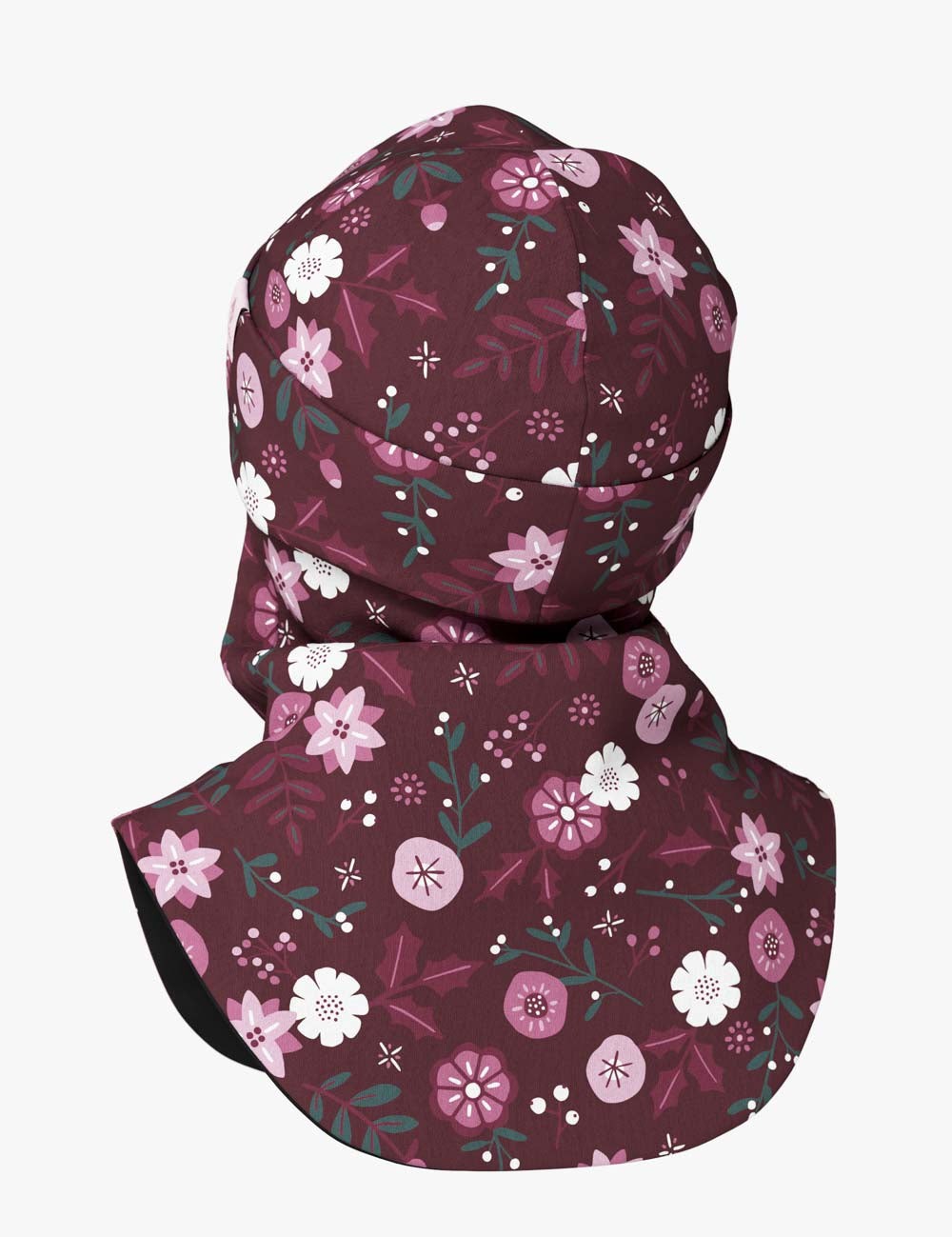 a child's cozy fleece balaclava with a soft floral pattern, shown in gentle morning light
