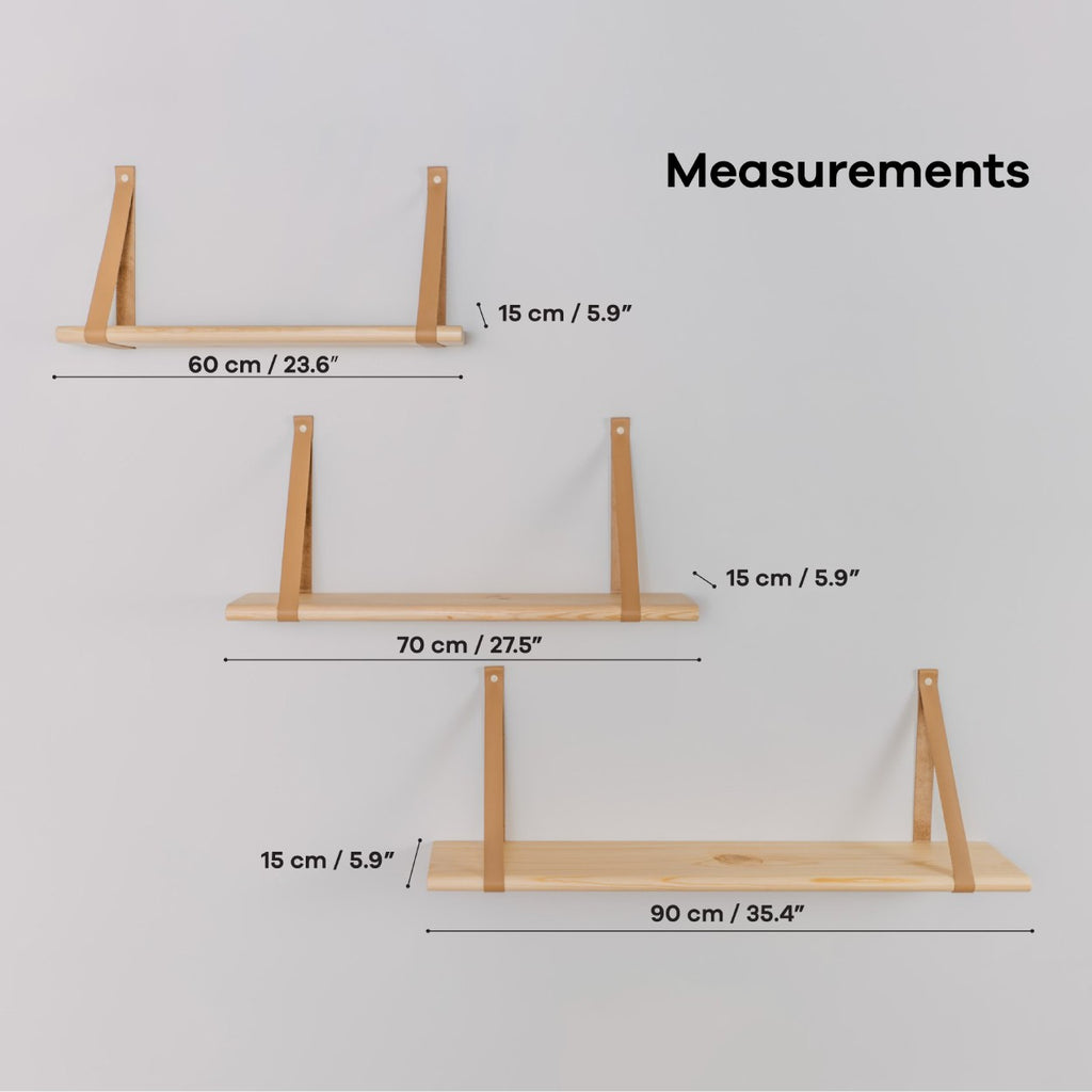 functional 60 cm pine floating shelf with leather straps in a bright, minimalist kitchen setting