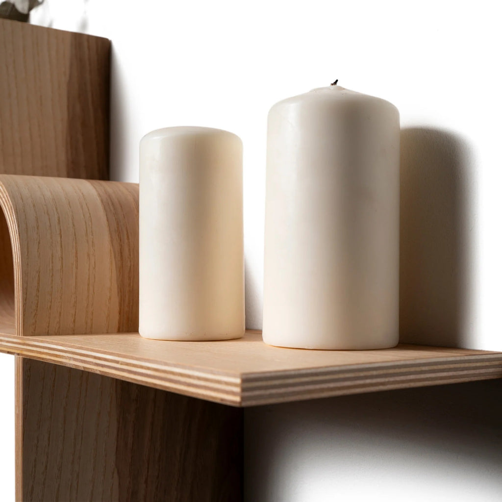 functional floating shelf in ash finish holding a stack of books and a small potted plant