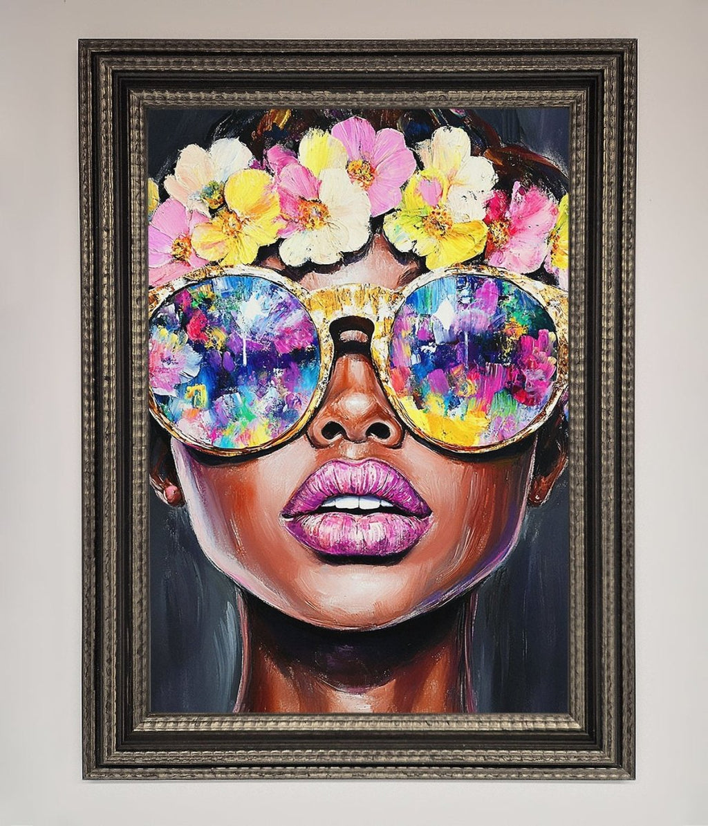 Floral Woman With Glasses and Pink Lips Framed Print