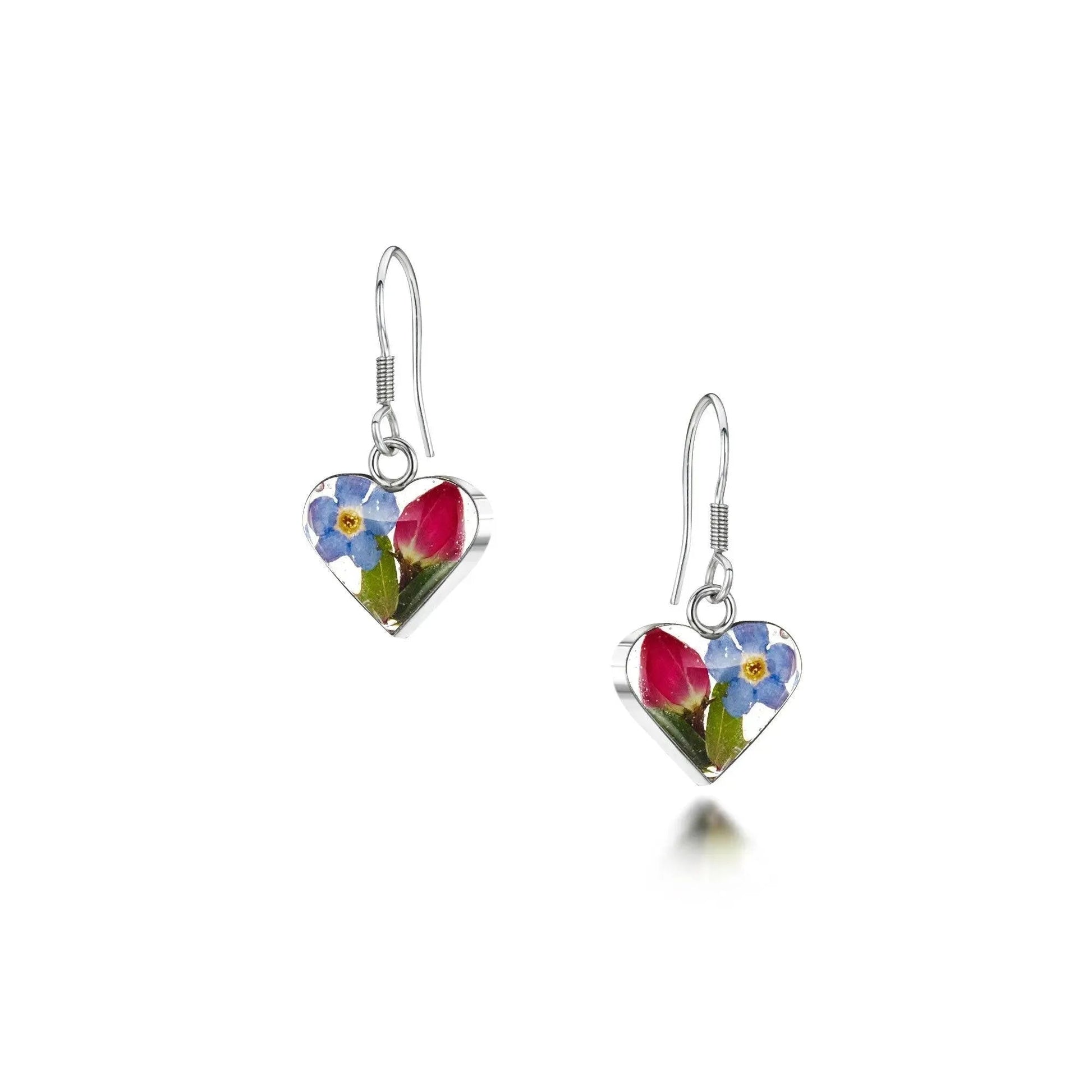 Sterling Silver Heart Drop Earrings with Real Roses and Forget Me Nots