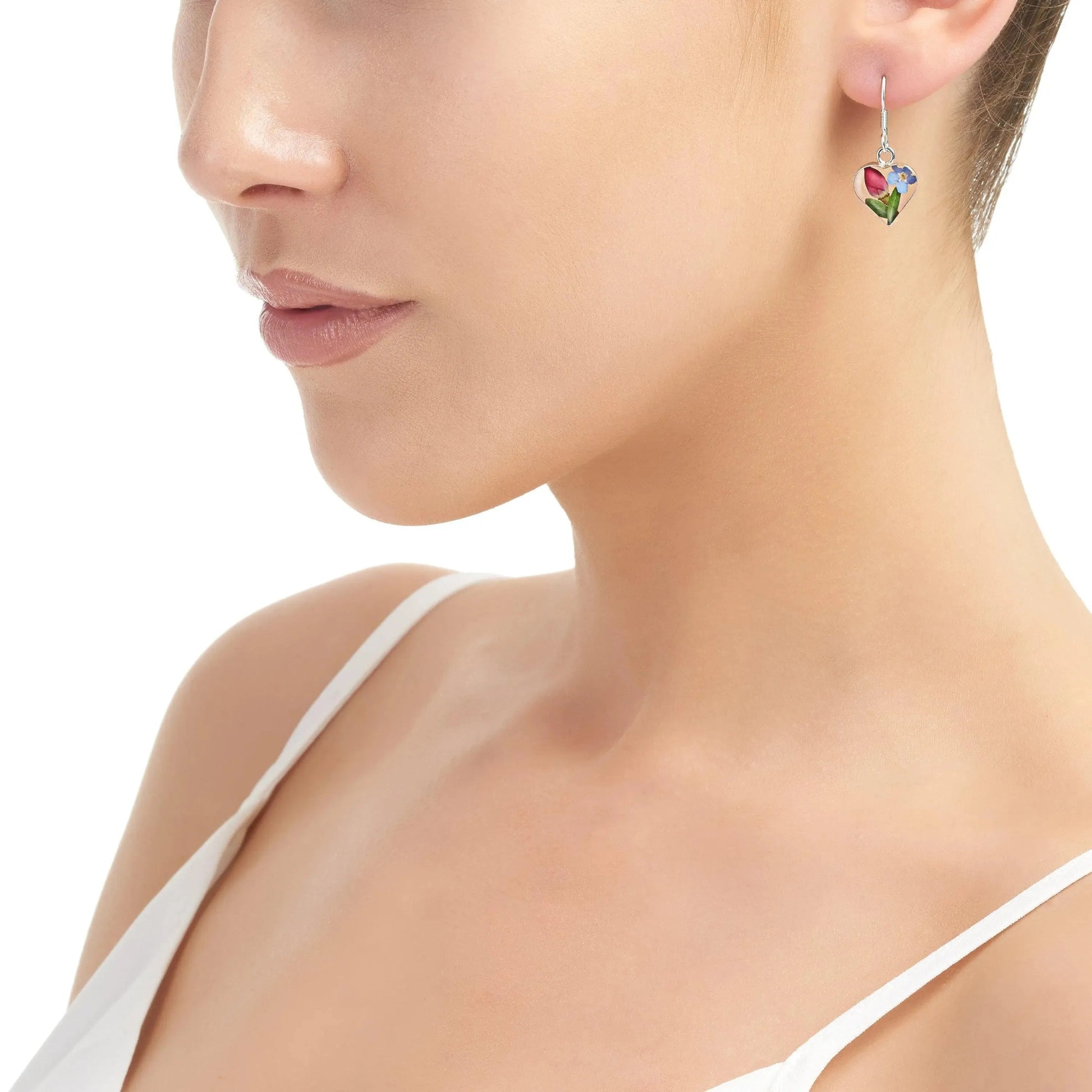 Sterling Silver Heart Drop Earrings with Real Roses and Forget Me Nots