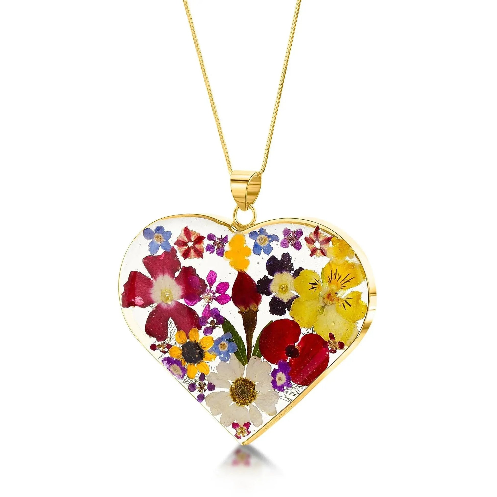 Gold Plated Sterling Silver Heart Pendant Necklace with Real Flowers