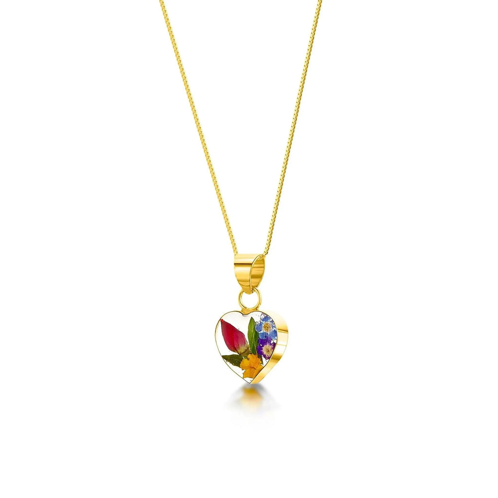 Gold Plated Sterling Silver Heart Pendant Necklace with Real Flowers