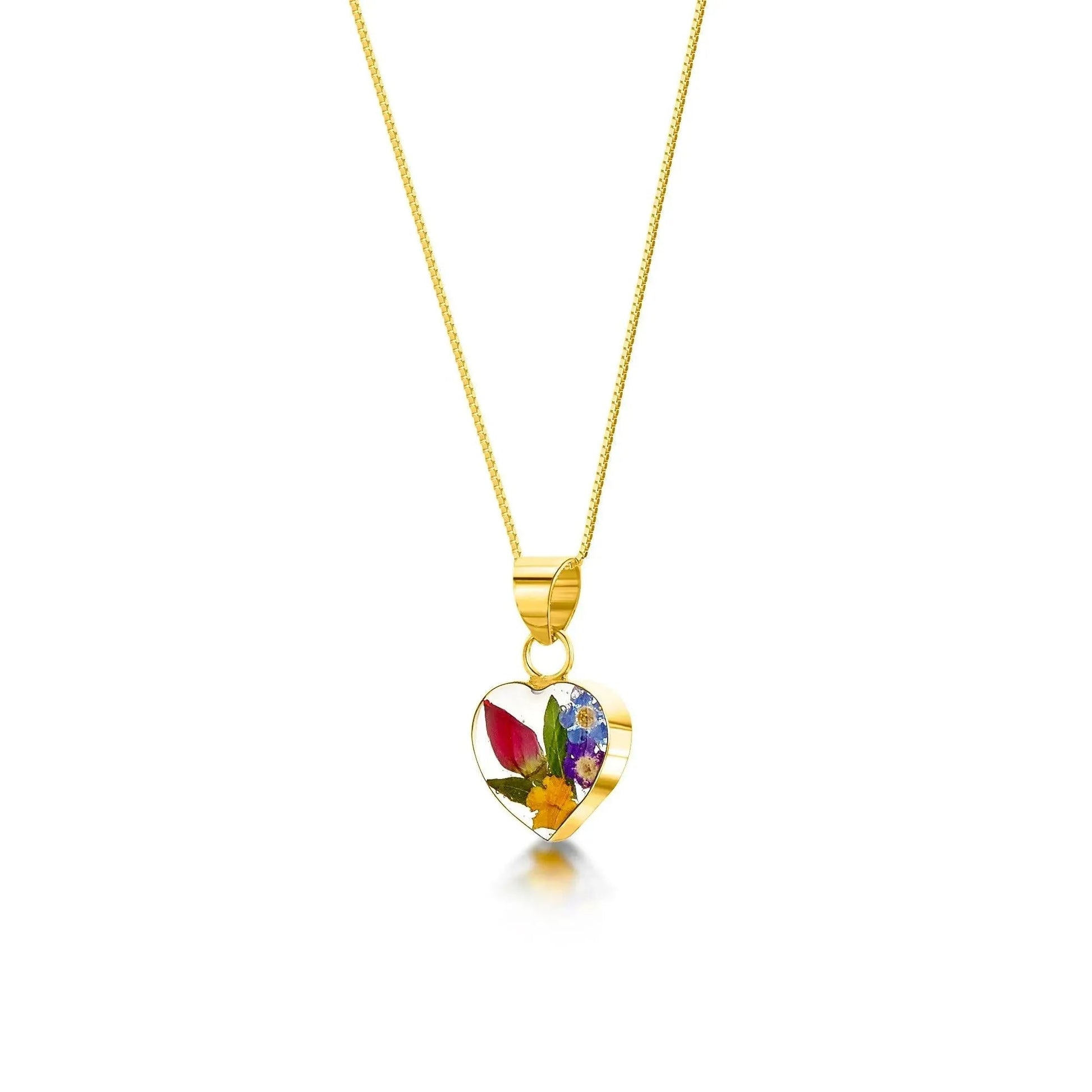 Gold Plated Sterling Silver Heart Pendant Necklace with Real Flowers
