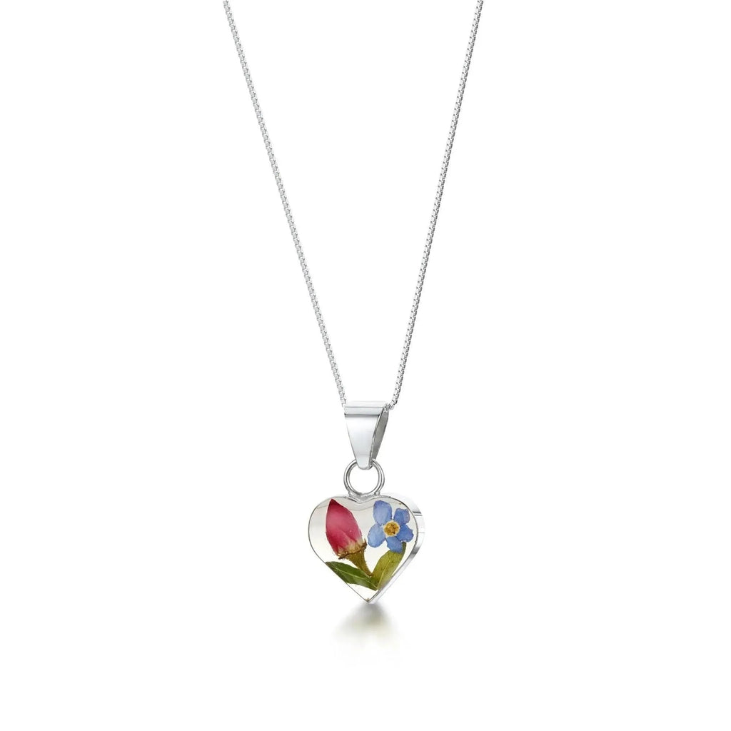 Sterling Silver Heart Pendant with Real Forget-me-not and Miniature Rose