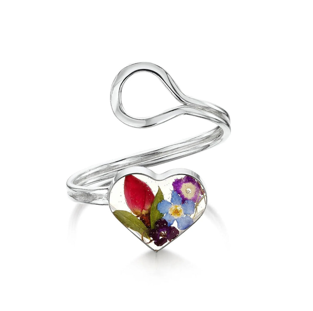 Sterling Silver Flower Heart Ring with Real Miniature Rose and Forget-Me-Not