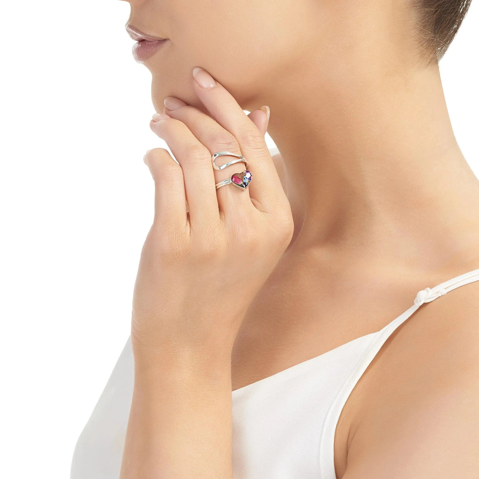 Sterling Silver Flower Heart Ring with Real Miniature Rose and Forget-Me-Not