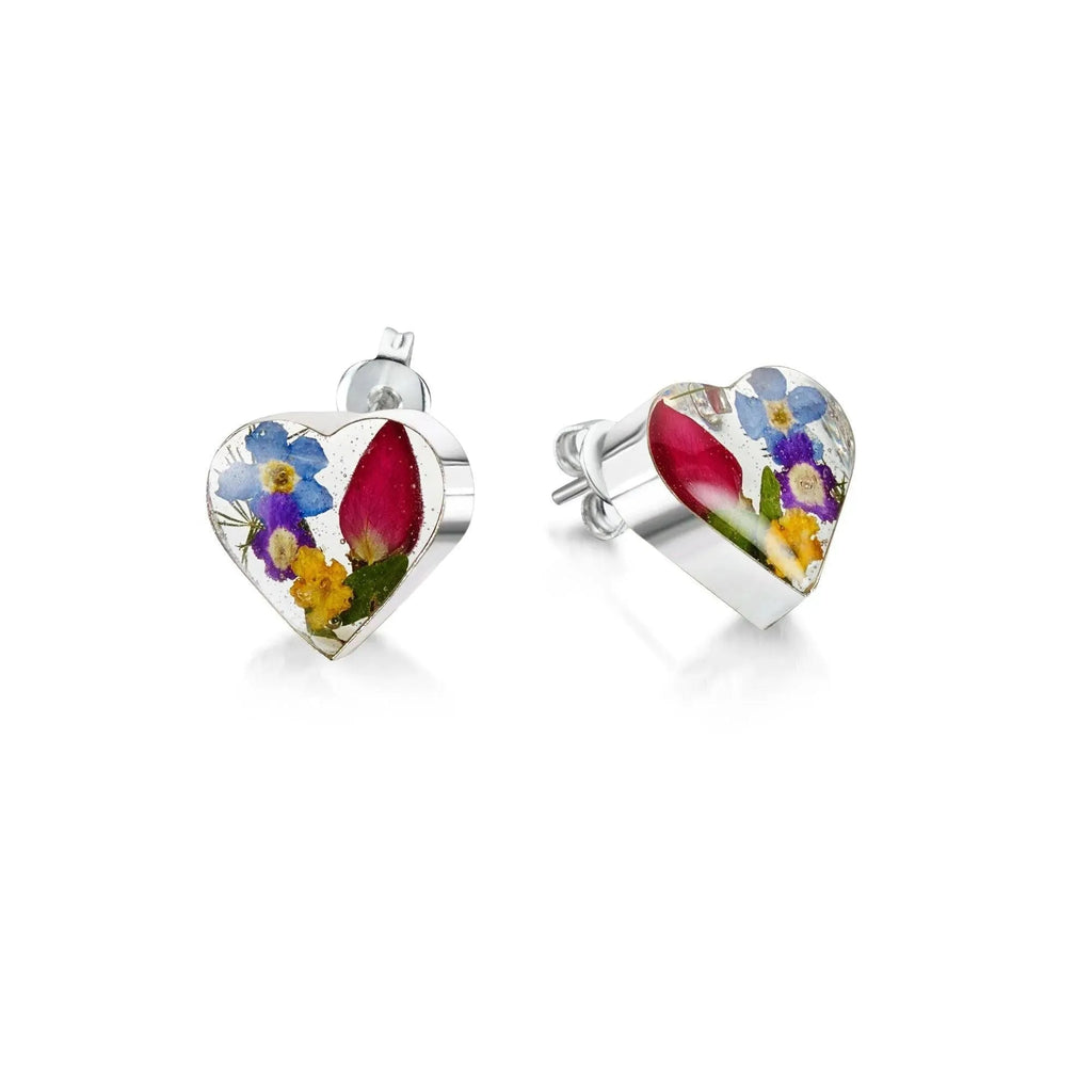 Sterling Silver Heart Stud Earrings with Real Flowers
